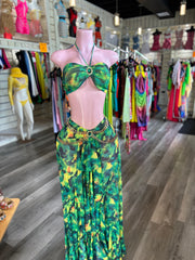 Green Tropical Print Skirt Set