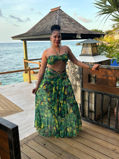 Green Tropical Print Skirt Set