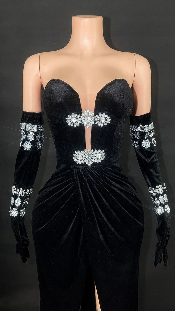 Suede Elegant Diamond Dress with Gloves