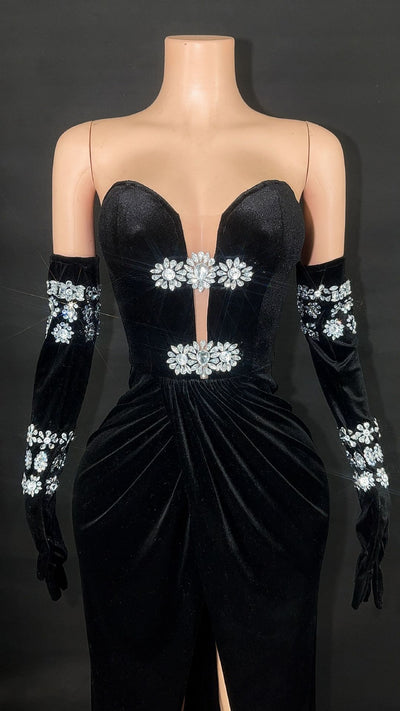 Suede Elegant Diamond Dress with Gloves
