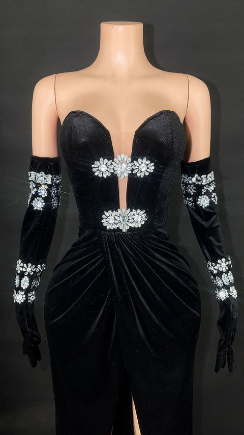 Suede Elegant Diamond Dress with Gloves