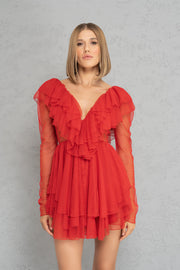 V NECK RUFFLE MINI DRESS