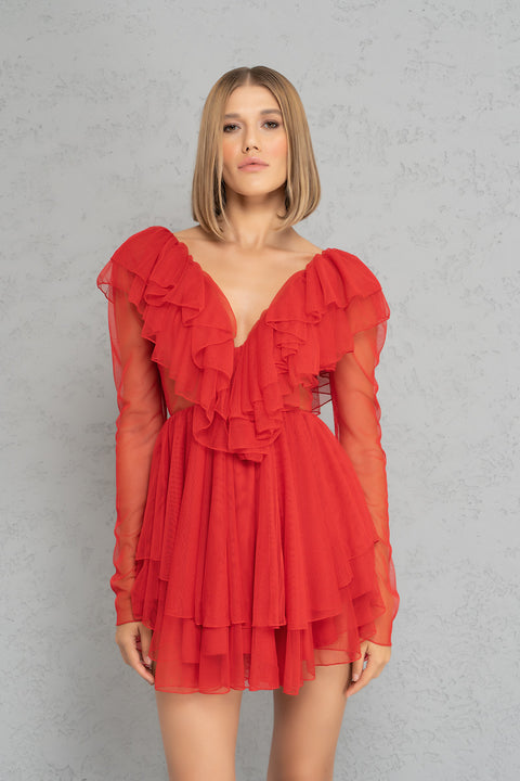 V NECK RUFFLE MINI DRESS