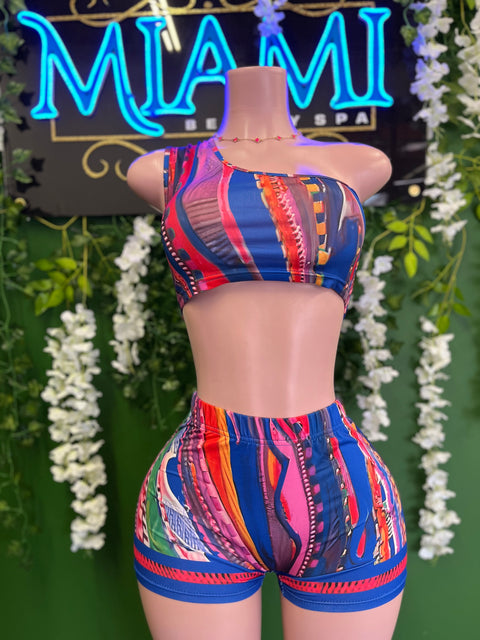 One Shoulder Colorful Short Set