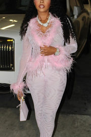 Faux Fur Mesh Pant Set
