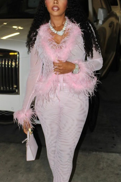 Faux Fur Mesh Pant Set