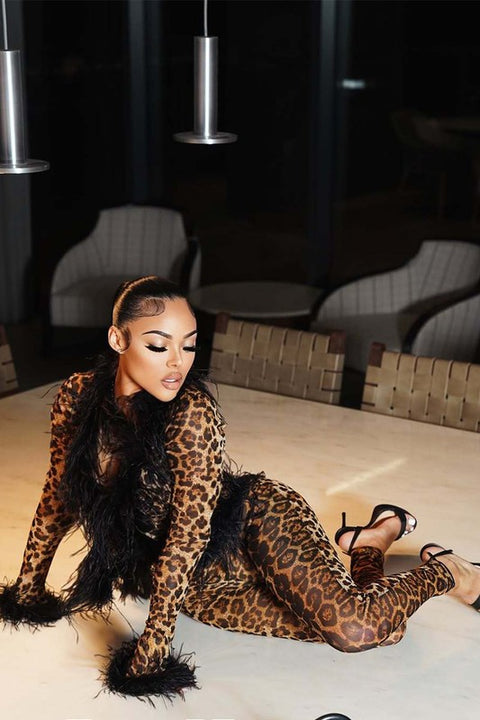 Faux Fur Mesh Pant Set