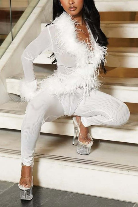 Faux Fur Mesh Pant Set