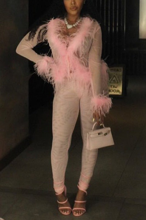 Faux Fur Mesh Pant Set