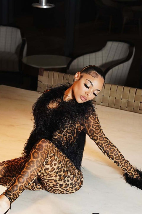 Faux Fur Mesh Pant Set