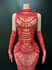 Red Diamond Maxi Dress With Gloves