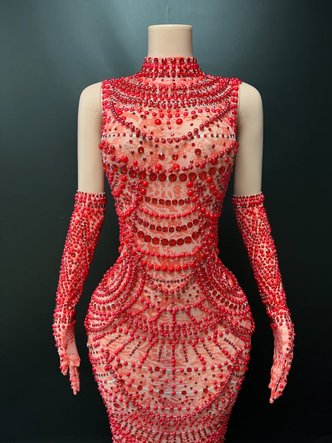 Red Diamond Maxi Dress With Gloves