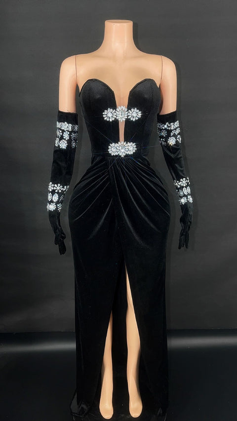 Suede Elegant Diamond Dress with Gloves