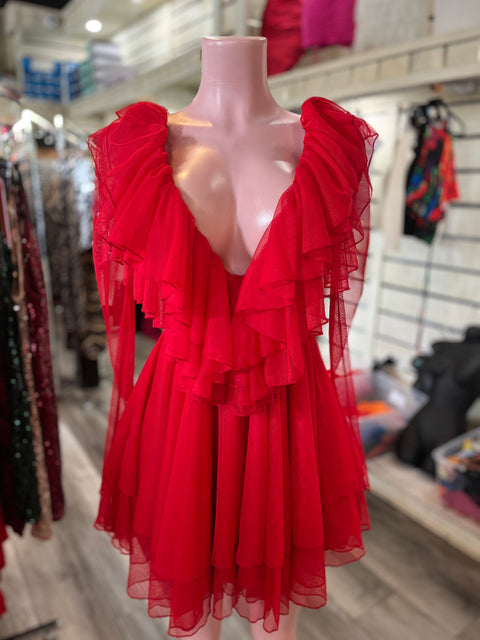 V NECK RUFFLE MINI DRESS