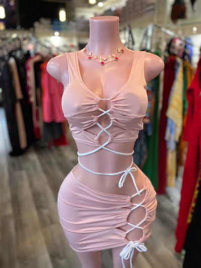 Pink Cute Lace Up Skirt Set