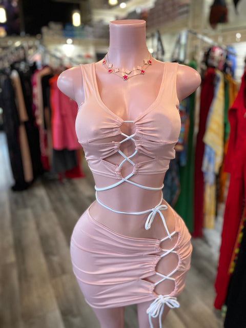 Pink Cute Lace Up Skirt Set