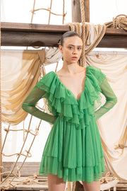 V NECK RUFFLE MINI DRESS