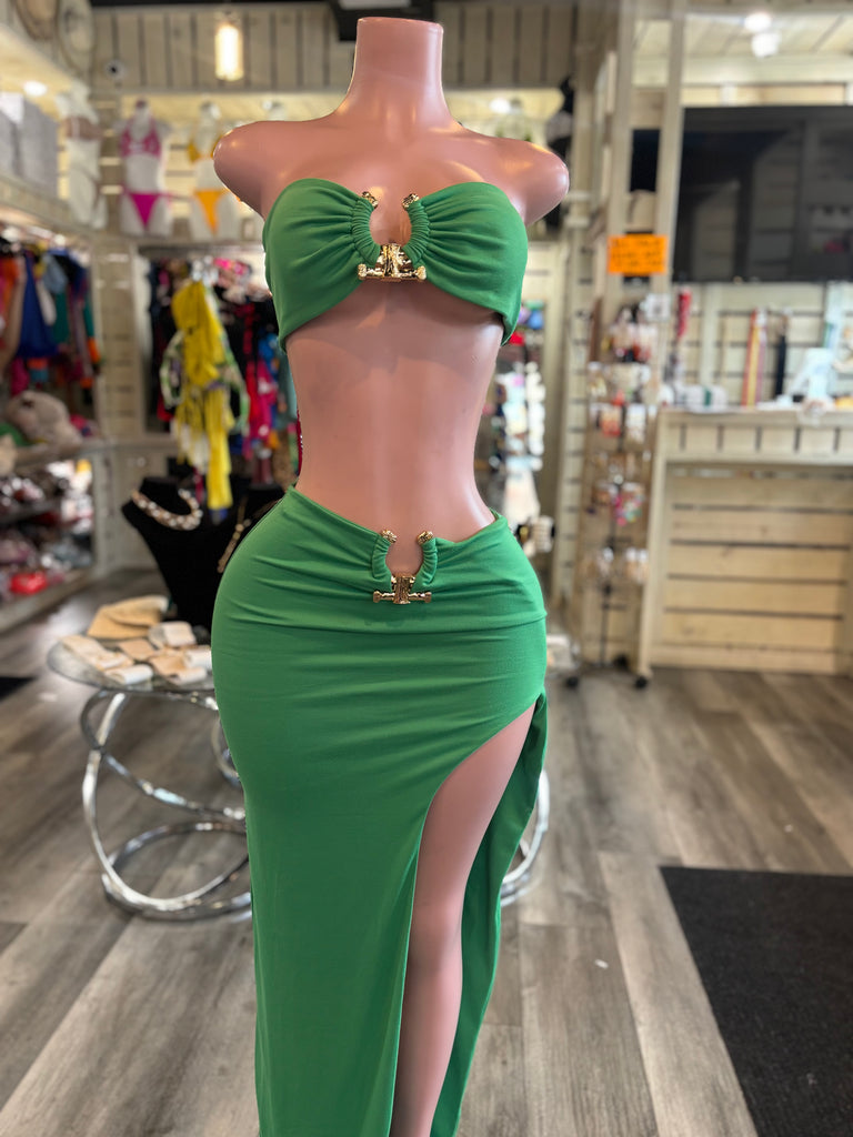Green Buckle Skirt Set