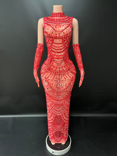 Red Diamond Maxi Dress With Gloves