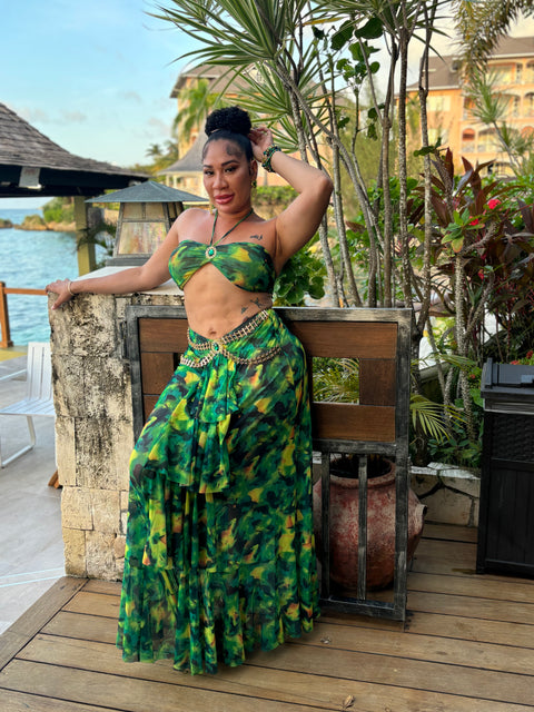 Green Tropical Print Skirt Set