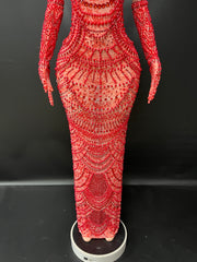 Red Diamond Maxi Dress With Gloves