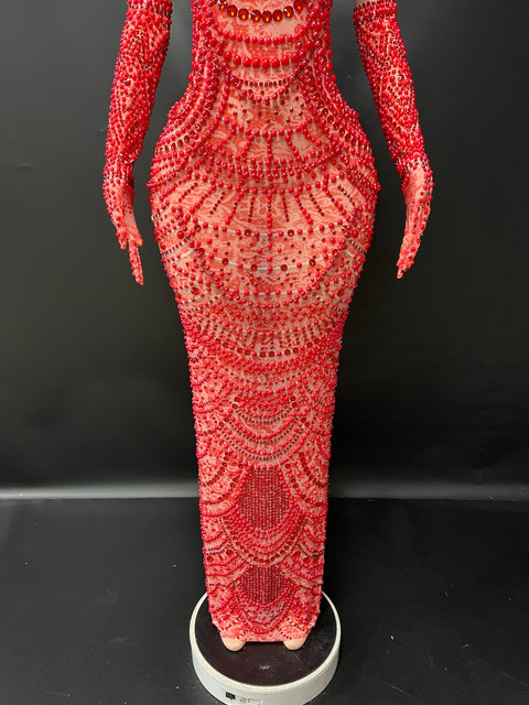 Red Diamond Maxi Dress With Gloves