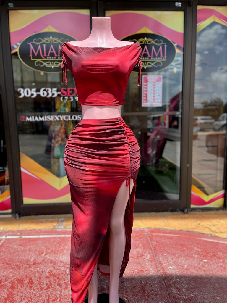 Red Maxi Slit Skirt Set