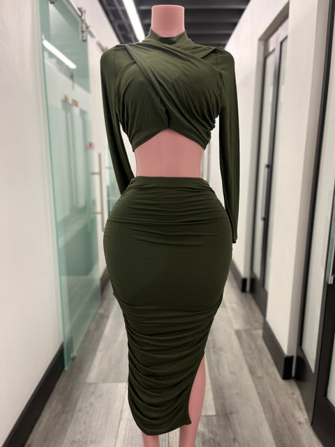 Olive Scrunch Skirt Set