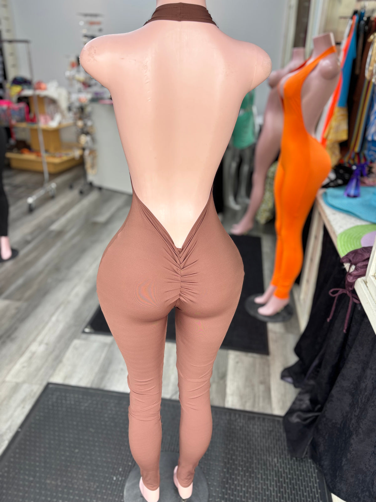 Brown Deep U Jumpsuit