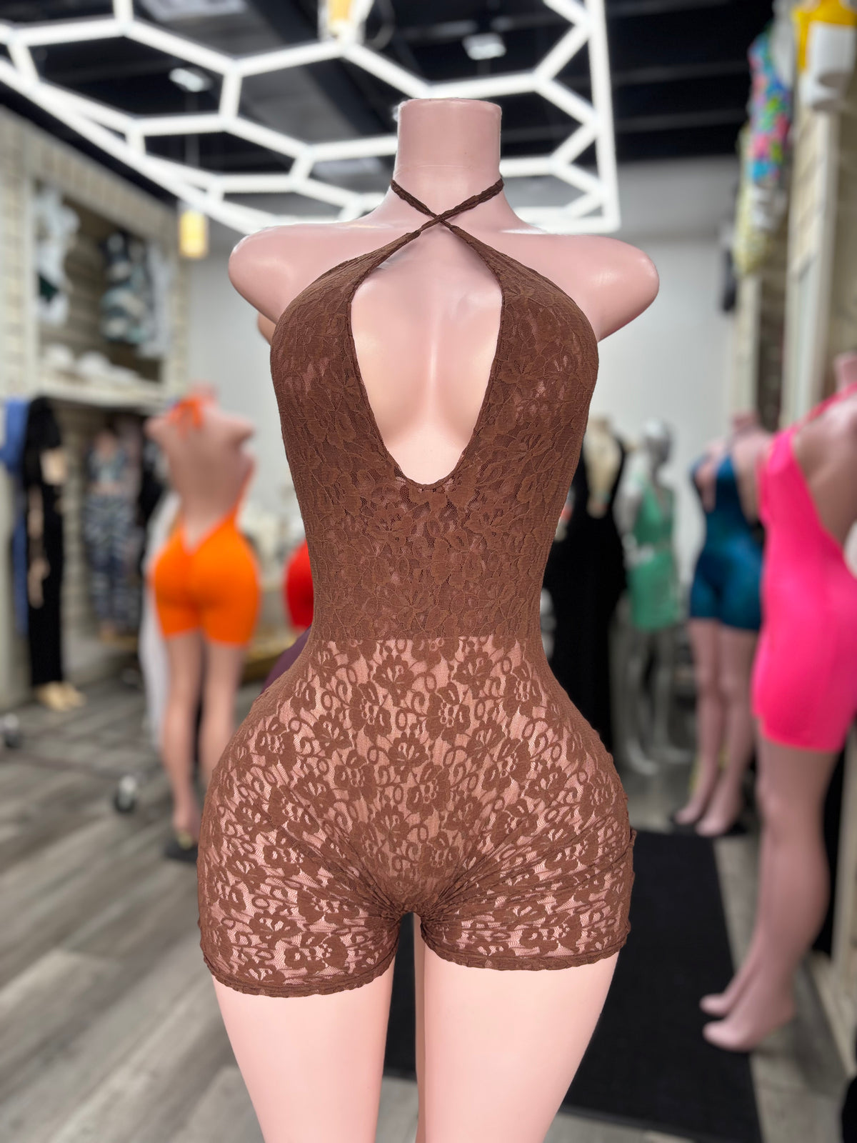 Molly Halter Romper Brown Floral Sheer