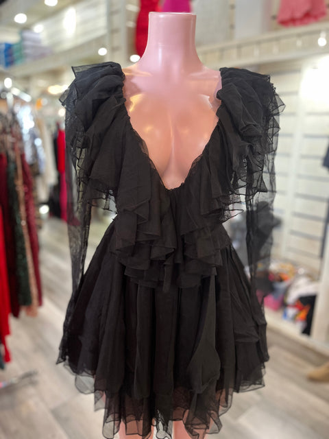V NECK RUFFLE MINI DRESS