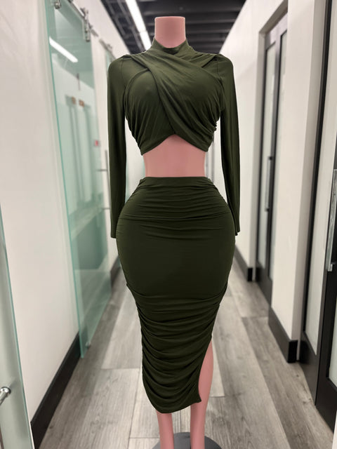 Olive Scrunch Skirt Set