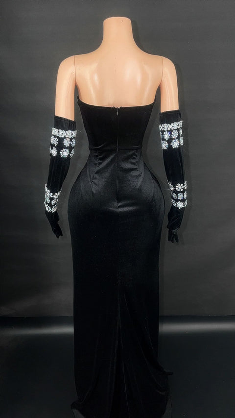 Suede Elegant Diamond Dress with Gloves