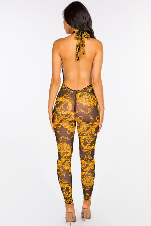 Mesh Low Back Golden Jumpsuit