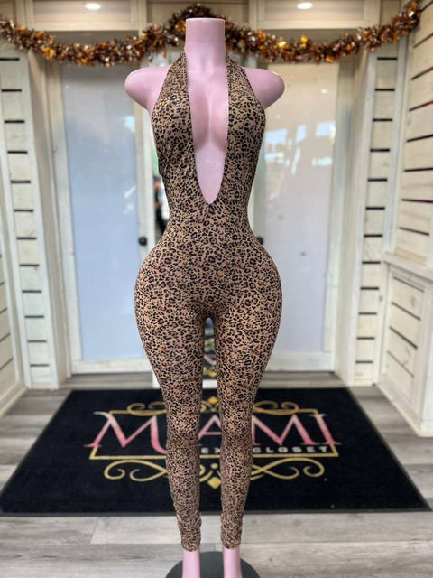 Animal Print Deep U Jumpsuit