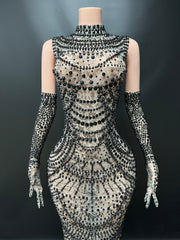 Black Diamond Maxi Dress With Gloves
