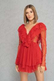V NECK RUFFLE MINI DRESS
