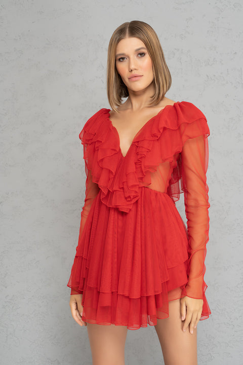 V NECK RUFFLE MINI DRESS