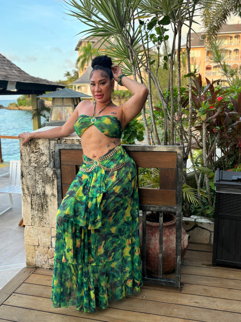 Green Tropical Print Skirt Set