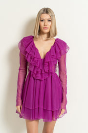 V NECK RUFFLE MINI DRESS