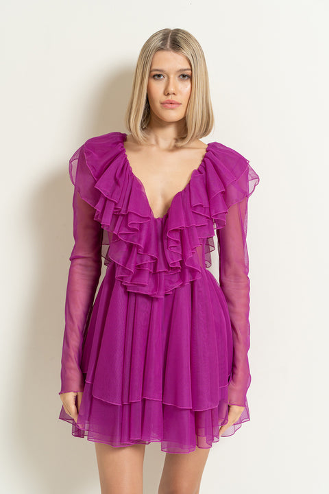 V NECK RUFFLE MINI DRESS