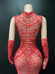 Red Diamond Maxi Dress With Gloves