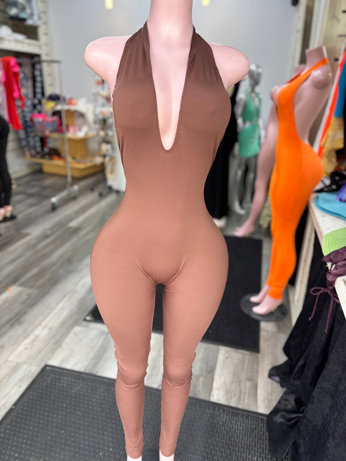 Brown Deep U Jumpsuit