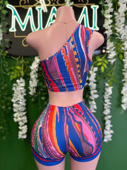 One Shoulder Colorful Short Set