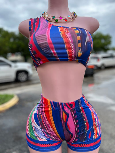 One Shoulder Colorful Short Set