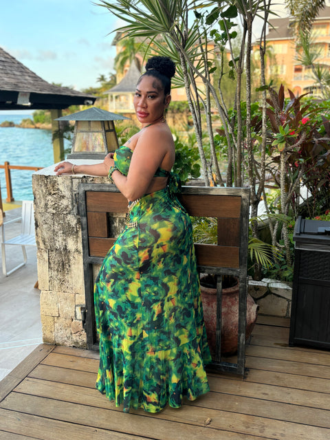 Green Tropical Print Skirt Set