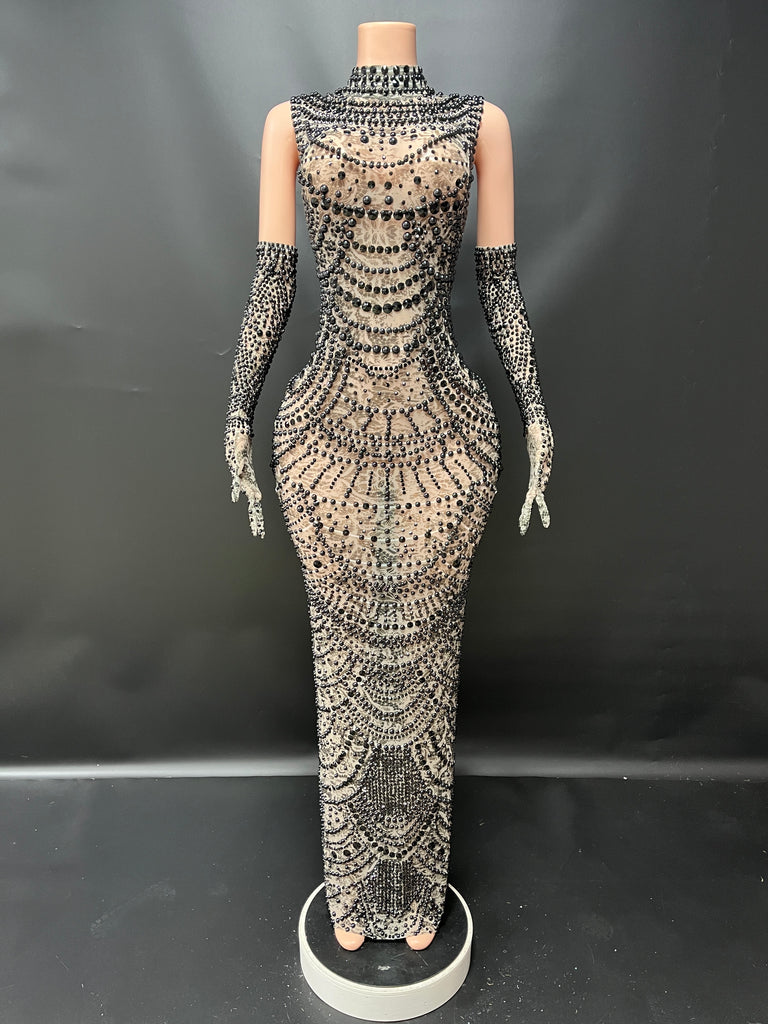 Black Diamond Maxi Dress With Gloves