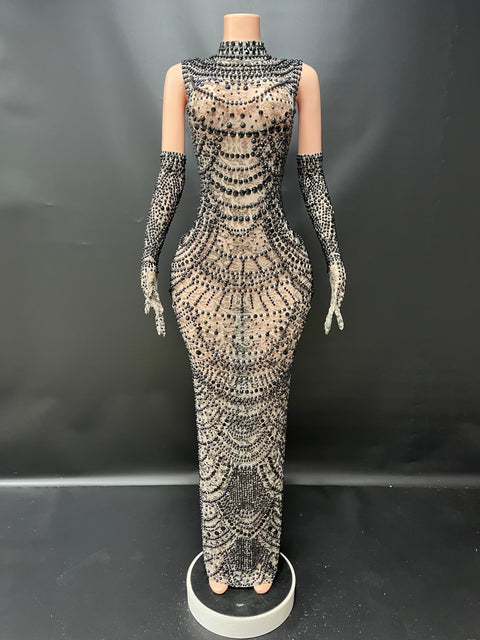 Black Diamond Maxi Dress With Gloves