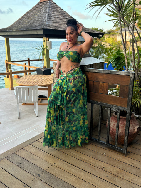 Green Tropical Print Skirt Set