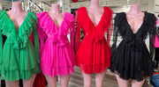 V NECK RUFFLE MINI DRESS